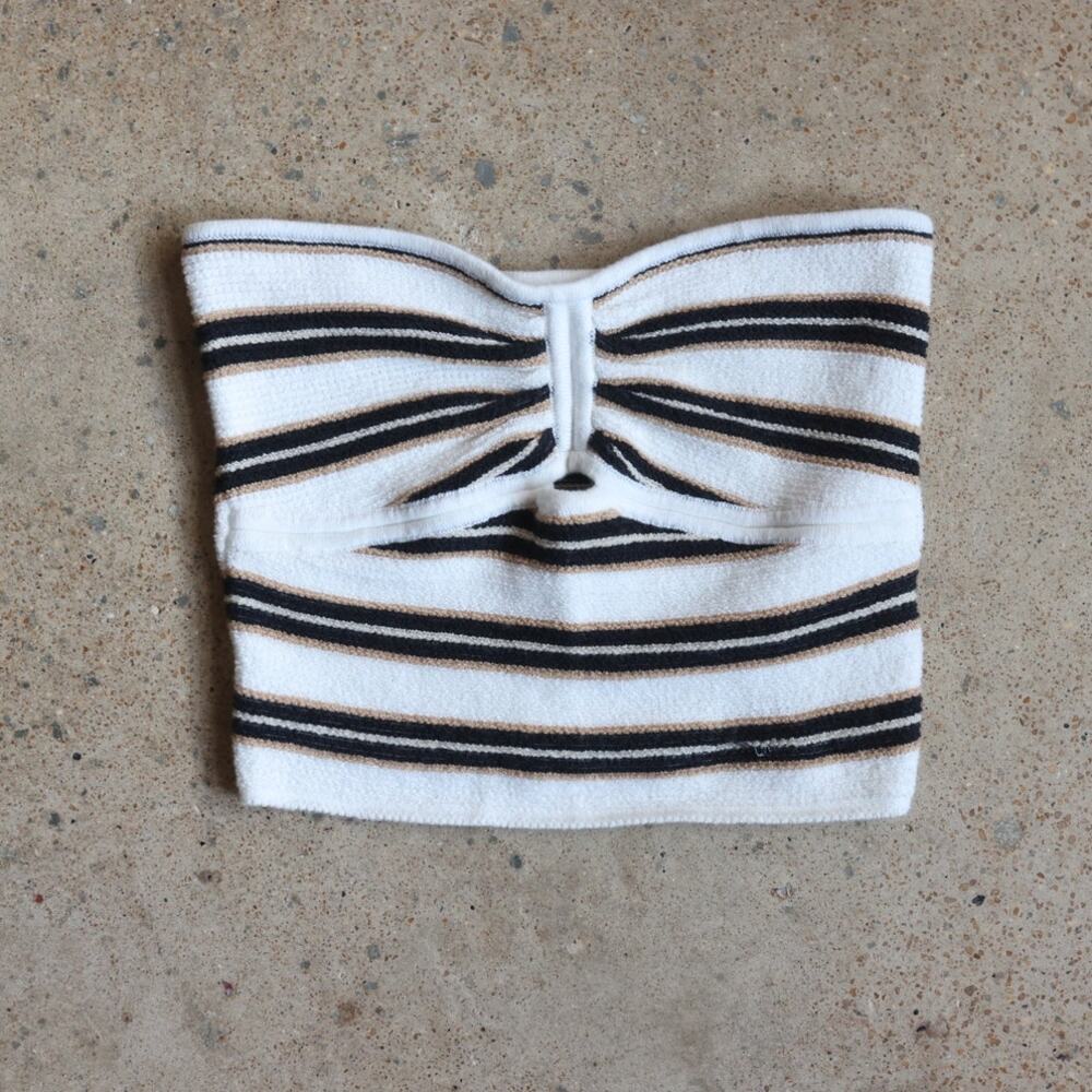 Y2K Striped Strapless Tube Top Ruched Twist Front Stretchy Knit Bandeau